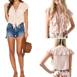 Show Me Your Mumu Dusty Blush Pink Treasure Lace Up Ruffle Crop Top Sz XS NWT